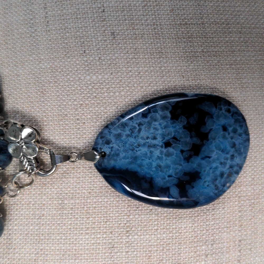 Blue Gemstone Beaded Pendant Necklace, 33" Long, New, Genuine Statement, Floral - Picture 2 of 8